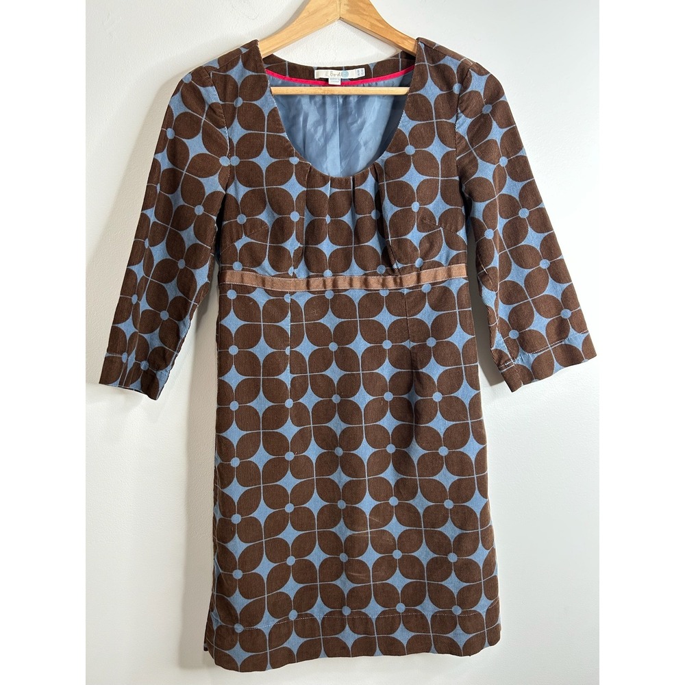 Boden Brown Blue Floral Corduroy Dress Women 4 Babydoll Empire A-Line Retro Y2K‎